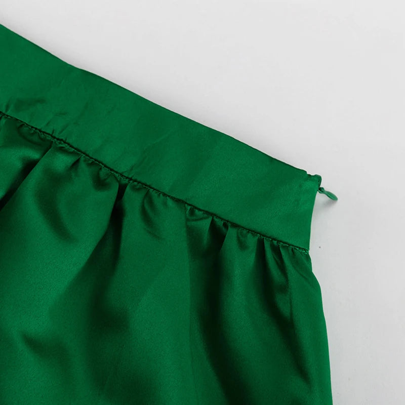LIZAKOSHT  -  Retro Fashion Satin Effect Green High Waist Loose Half Skirt Women's Summer Simple Versatile A-line Large Swing Umbrella Skirts