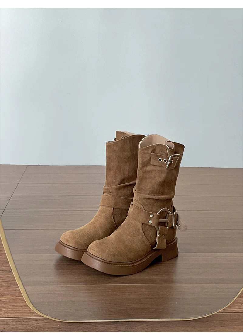 LIZAKOSHT  -  Vintage Low Heel Women Ankle Boots Fashion Belt Buckle Shoes Autumn Winter Short Booties Zapatos De Mujer