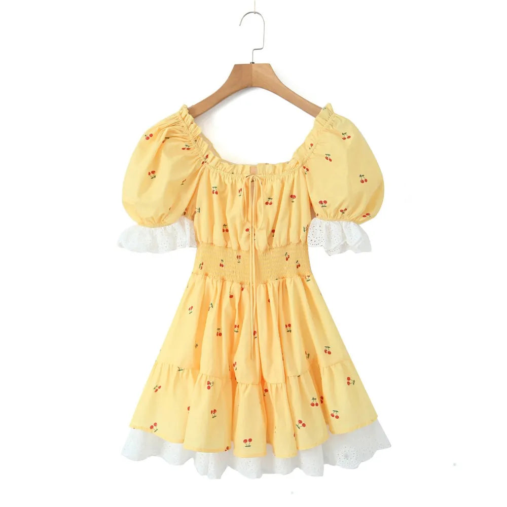 LIZAKOSHT  -  Princess Yellow Cherry Print Spliced Lace Corset Style Mini Dress Women Puff Sleeve Slim Waist Ruffle Hem Cake Party Robe