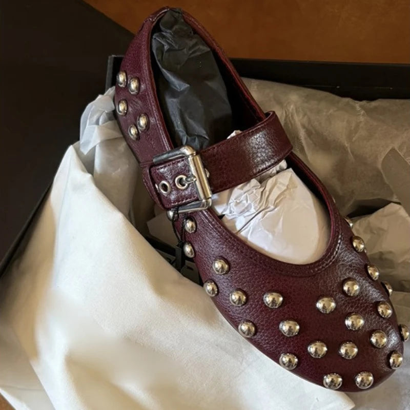 LIZAKOSHT  -   Studded Mary Jane Flats Women Suede Round Toe Buckle Strap Ballet Shoes Brown Punk Goth Casual Loafers Comfortable Ladies