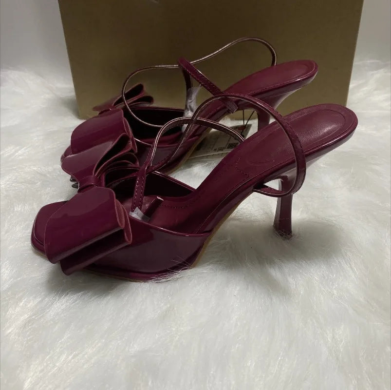 LIZAKOSHT  -  Brand Open Toe Women High Heels Sandals Patent Leather Large Bow Decoration Ankle Strap Wedding Bridal Dress Shoes for Ladies