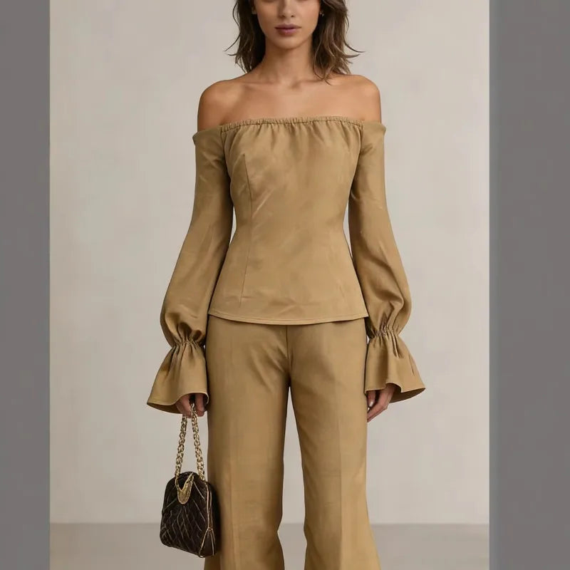 LIZAKOSHT  -  2026 New Bubble Sleeve Temperament Off-the-shoulder One-word Collar Fashion Women's Top Wide-leg Pants Two-piece Set