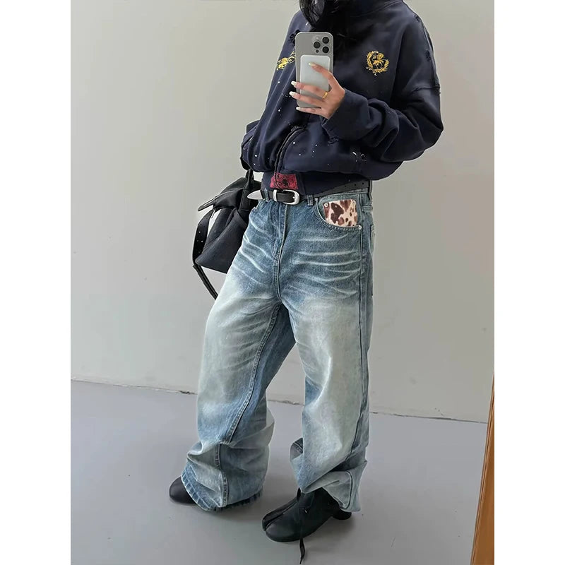 LIZAKOSHT  -  Women's Gothic Y2k Blue Jeans Vintage Hiphop Grunge American Splicing Jeans Pants Baggy Boyfriend Wide Leg Denim Pants