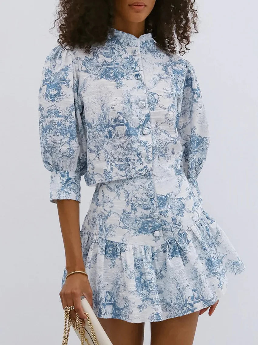 LIZAKOSHT  -  Chic Summer Women Stand Collar Flowers Printed Shirt Short Sleeved Floral Blouses Slim Fit Tops + A-Line Pleated Skirt 2Pcs Set