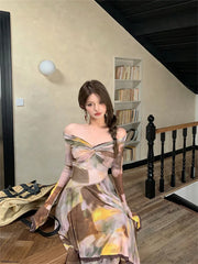 LIZAKOSHT  -  Women's Irregular Dress Sexy Elastic Niche Design Slim Floral Long Sleeve Dresses Elegant Cross-knot Long Dress Summer New Style