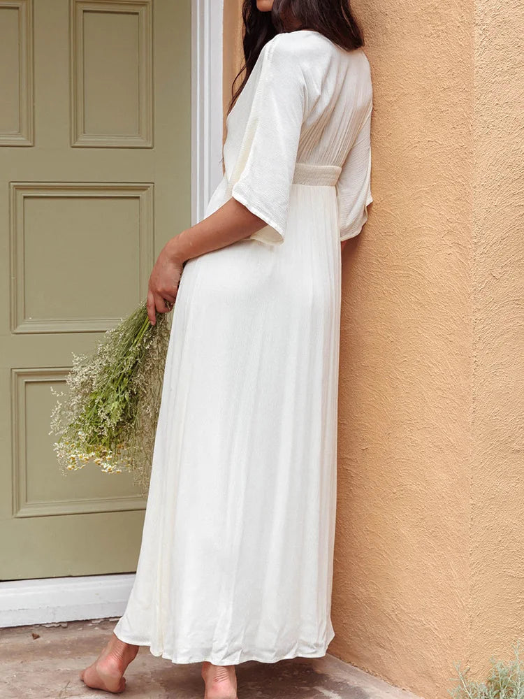 LIZAKOSHT  -  Half Sleeve Elegant Loungewear Party Dress, Women Spring Summer Single-Breasted Maxi Dress, New Deep V-Neck Holiday Ladies Dress