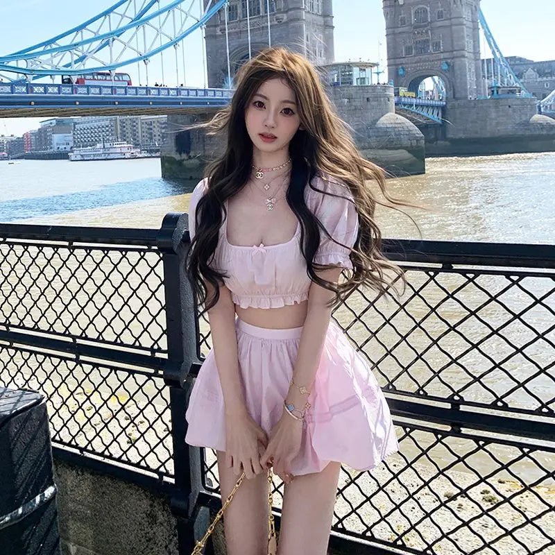 LIZAKOSHT  -  Cute Set Women's Summer Short-sleeved Square Collar Top High Waist A-line Skirt Two-piece Set Fashion Female Clothes
