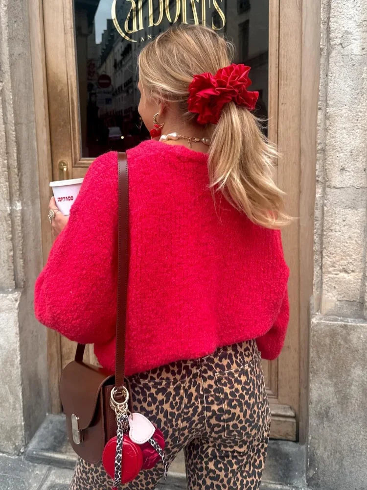 LIZAKOSHT  -  Red Casual O Neck Solid Cashmere Knitted Sweater Pullovers Christmas Women Long Sleeve Loose Pullover Lady Street Jumpers