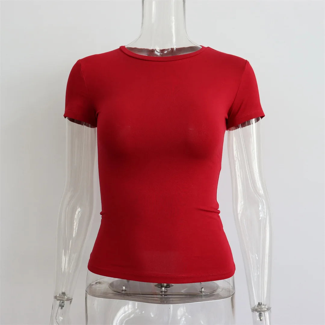 LIZAKOSHT  -  Women Summer Slim High Stretch T Shirts Sexy O-Neck Short Sleeve Tees Summer Tops For Women Clothes