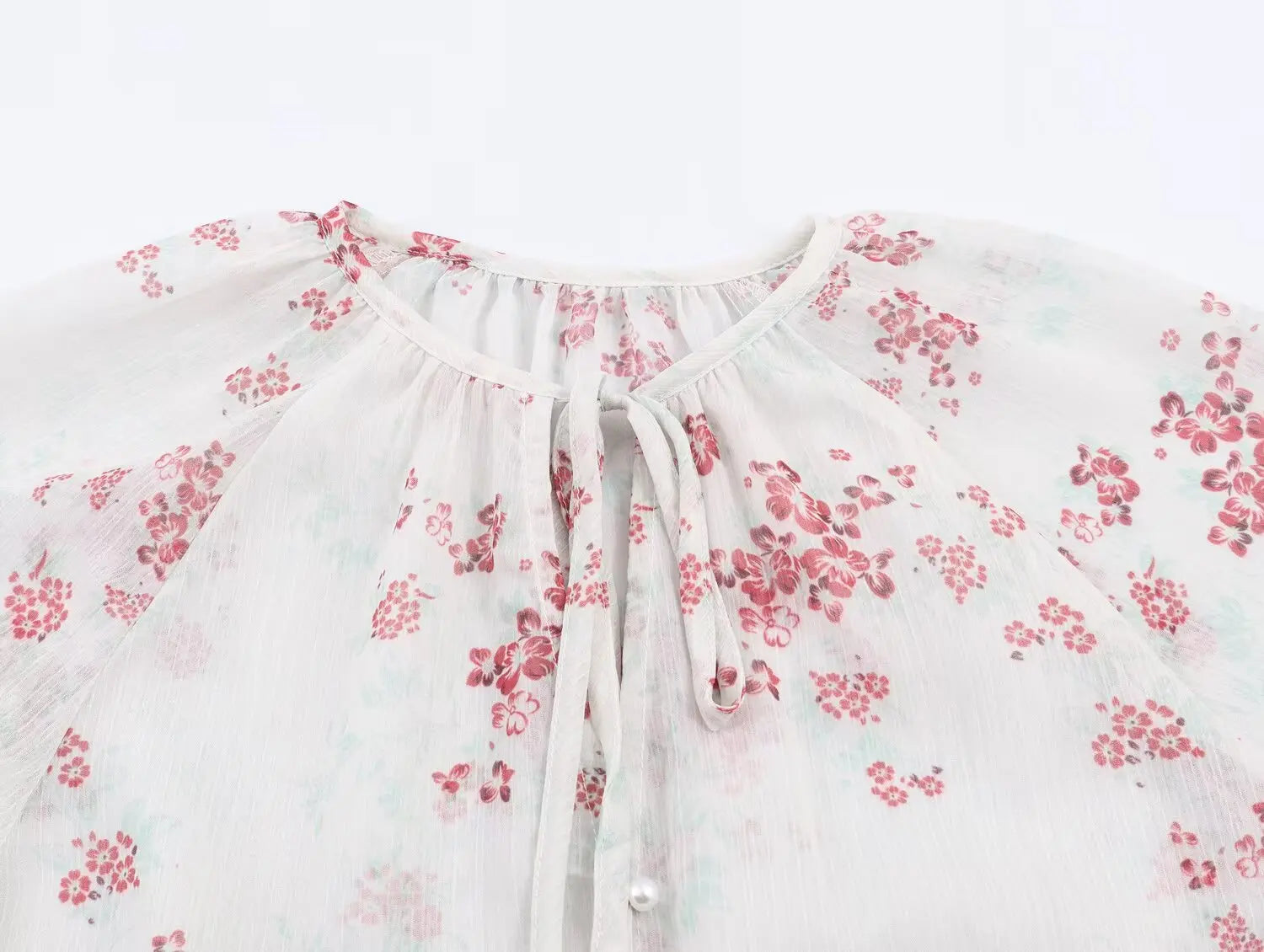 LIZAKOSHT  -  Spring Summer White Pink Floral Print Flare Cuff Long Sleeve Pullover Shirt Women Bow O Collar Loose Short Blouses Femme Tops