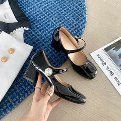 LIZAKOSHT Original retro rhinestone Mary Jane single shoes women's small leather shoes one word with thick heel ballet shoes women's shoes