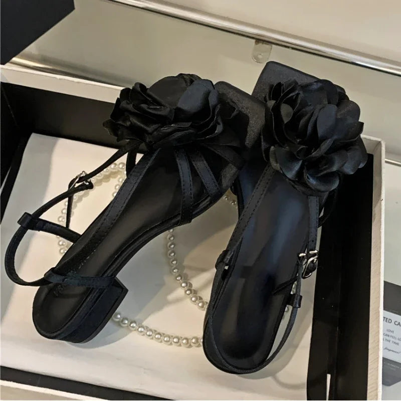 LIZAKOSHT  -  Designer Flower Sandals for Women Summer New Fashion Slingback Shoes Skirt Shallow Elegant Square Toe Low Heel Slippers Women