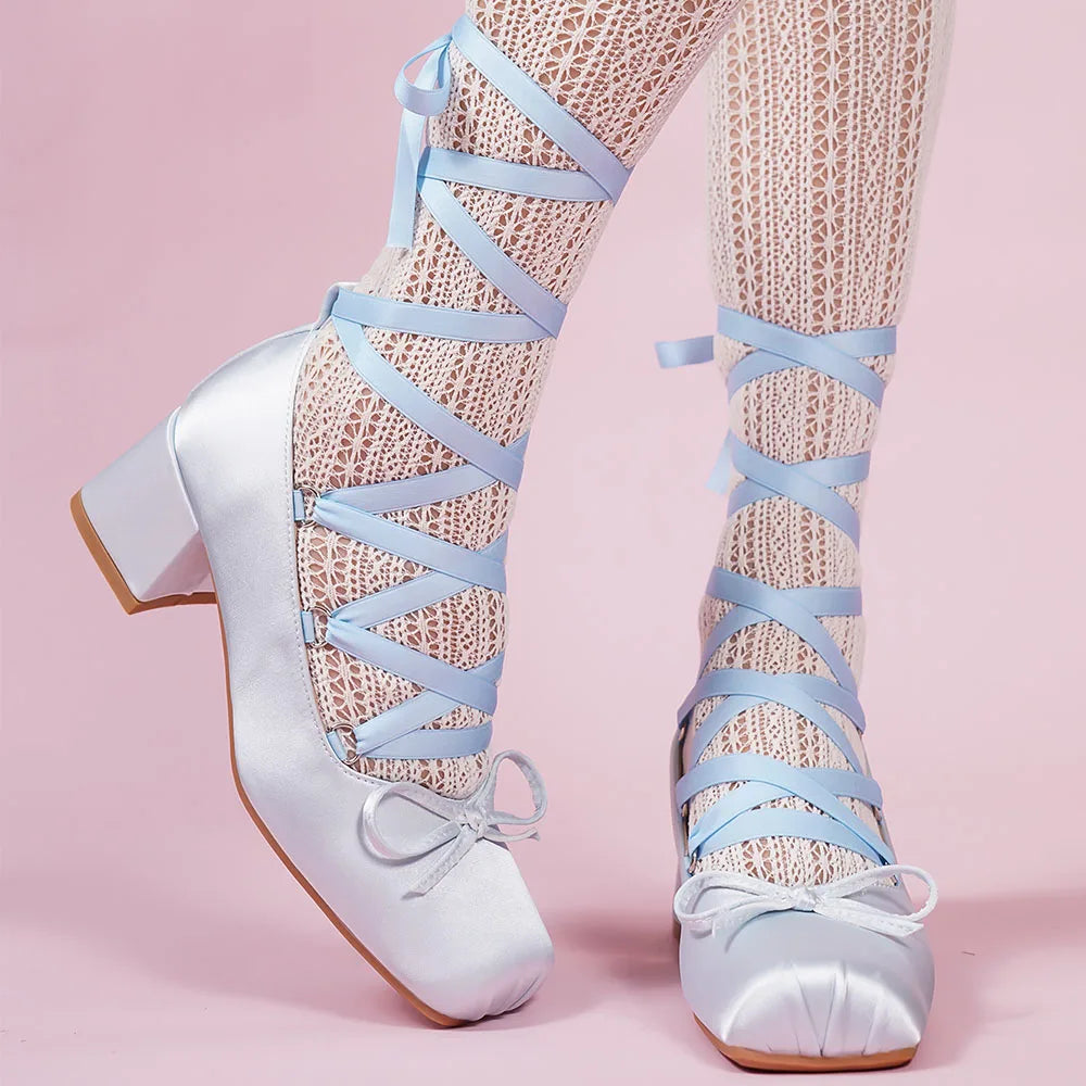LIZAKOSHT  -  Brand Design Big Size 43 Sweet Pink Mary Jane Pumps Cross-tied Satin 9cm High Heels Ballet Shoes White Party Wedding Shoes Women
