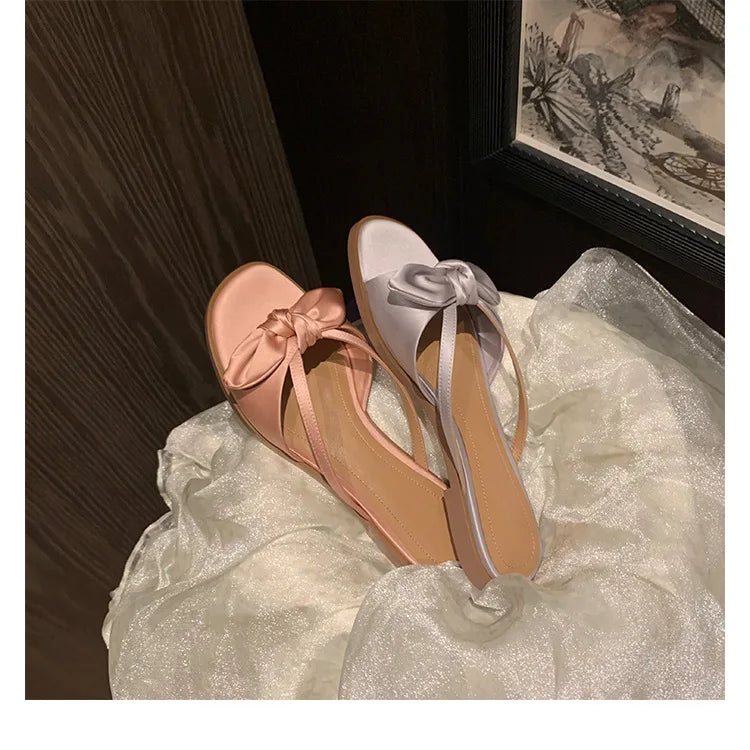 LIZAKOSHT  -  Luxury Silk Slippers Women Butterflyknot Slides Shoes Summer Ladies Low Heels Flat Sandals Femmes Evening Party Flip Flops