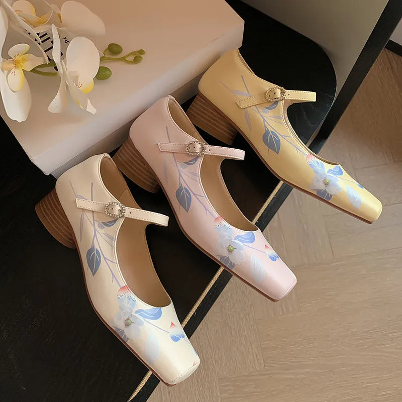 LIZAKOSHT  -  Fashion Pumps New High Quality Genuine Leather Square Head Color Painting Mary Janes Shoes Daily Commuter Light Shoes