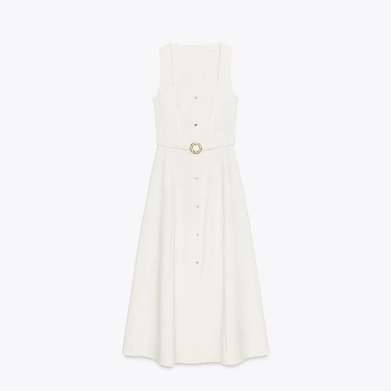LIZAKOSHT  -  Elegant Single-Breasted Belt Sling Dress Women Fashion Sleeveless Waist-Cinching Pleated Robe 2025 Female Office New Dresses