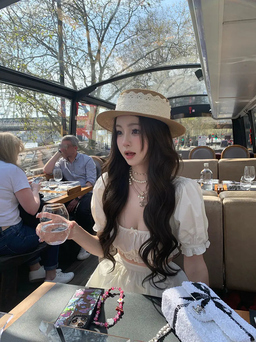 LIZAKOSHT  -  Cute Set Women's Summer Short-sleeved Square Collar Top High Waist A-line Skirt Two-piece Set Fashion Female Clothes