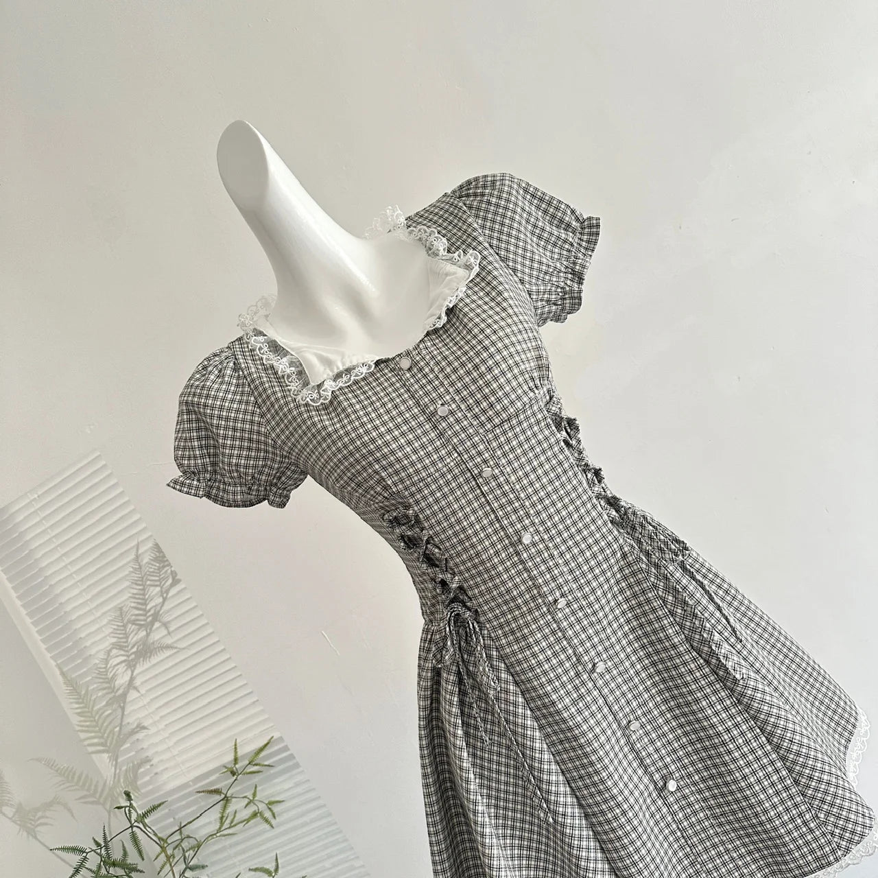 LIZAKOSHT  -  French Retro Plaid Shirt Dress Women Summer Waist Slim Fit Dress with Lace Doll Collar Puff Sleeves Ruffle Hem Vintage Sweet New