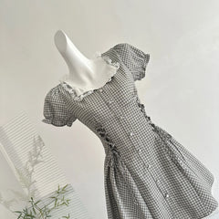 LIZAKOSHT  -  French Retro Plaid Shirt Dress Women Summer Waist Slim Fit Dress with Lace Doll Collar Puff Sleeves Ruffle Hem Vintage Sweet New