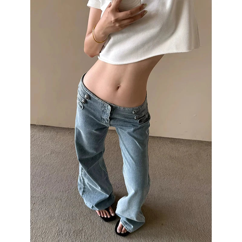 LIZAKOSHT  -  American High Street Washed Blue Personalized Loose Low Waist Button Design Women Jeans New Retro Loose Jeans