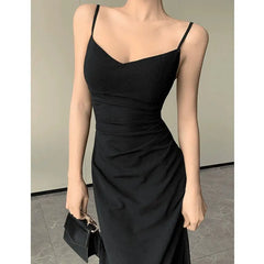 LIZAKOSHT  -  Elegant Sexy Casim Dress Women V Neck Skinny Backless Black Dress Mesh Sheer Summer Party Night Vestidos Classic Simple Dress