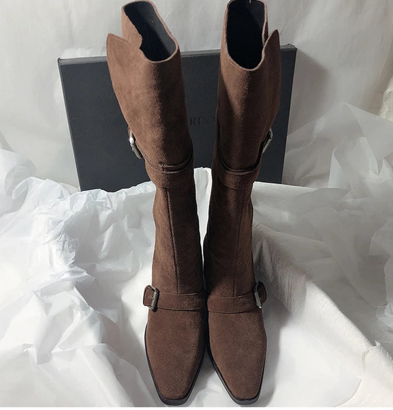 LIZAKOSHT  -  Fashion Vintage Women Western Knee High Boots Fashion Winter Belt Buckle Stripper Party Shoes Zapatos De Mujes