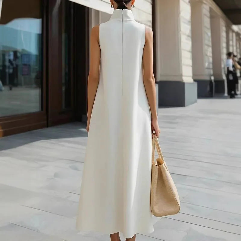 LIZAKOSHT  -  Fashion Stand Collar Pocket Commuter Vest Dress Sexy Sleeveless High Waist Long Dress Lady Elegant One Button Design Party Dress