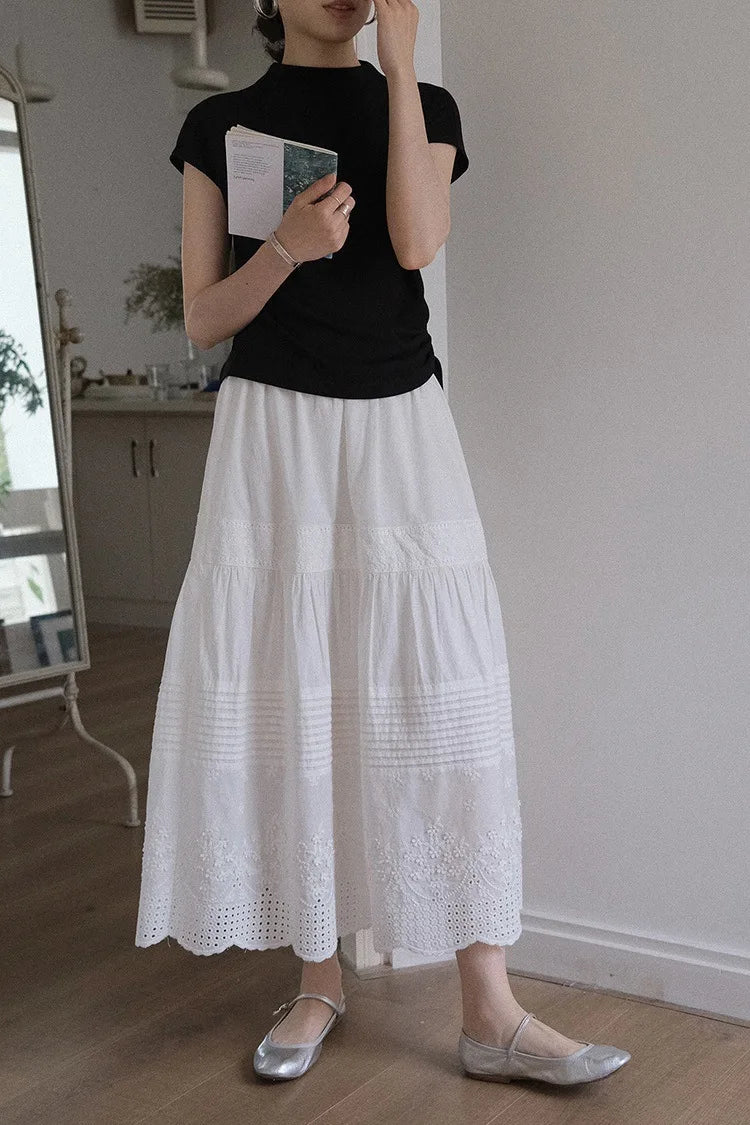 LIZAKOSHT  -  French Retro High-Waisted Drape Skirt Women Summer Small Midlength Slim Lace Embroidery A-Line Umbrella Skirt