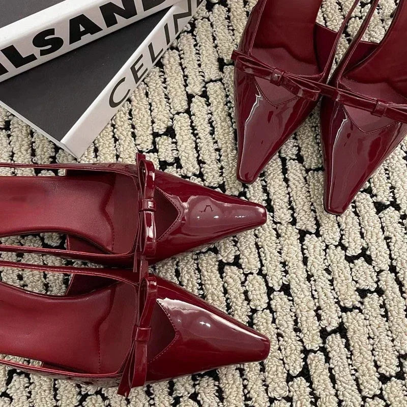 LIZAKOSHT  -  Patent Leather Bow Sandals Women Pumps Pointed Toe Low Heel Slingback Shoe Ladies Shallow Fashion Elegant High Heels Dress Shoes