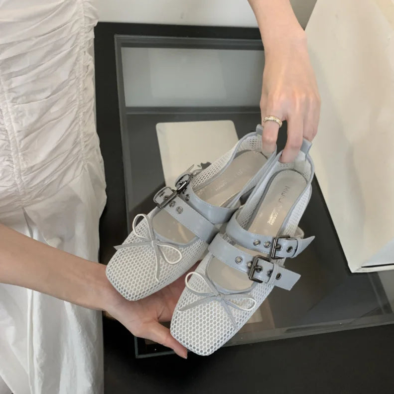 LIZAKOSHT  -  Summer Designer Mesh Women Ballet Shoes Fashion Butterfly-Knot Shoes SQUARE BUCKLE Beach Roman Sandals