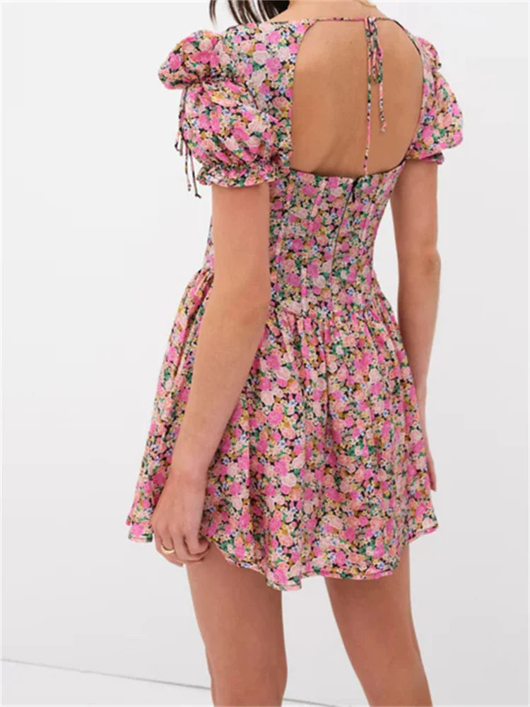 LIZAKOSHT  -  Retro Women Floral Print Summer Mini Dress Short Puff Sleeve Deep V Neck Backless Tie Up Party Dress Female Vestidos