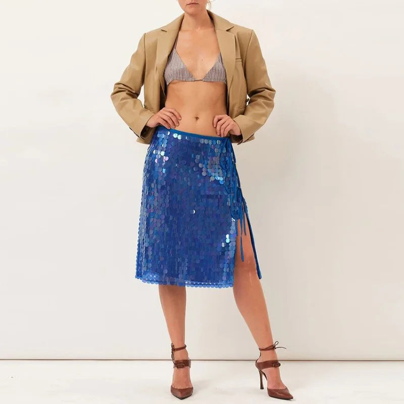 LIZAKOSHT  -  Early Spring Hot Girl Sequins Half SkirtsSexy Hollow Out Side Lace-up Solid Color Wrap Hips Skirts Fashion Slim Glitter Skirts