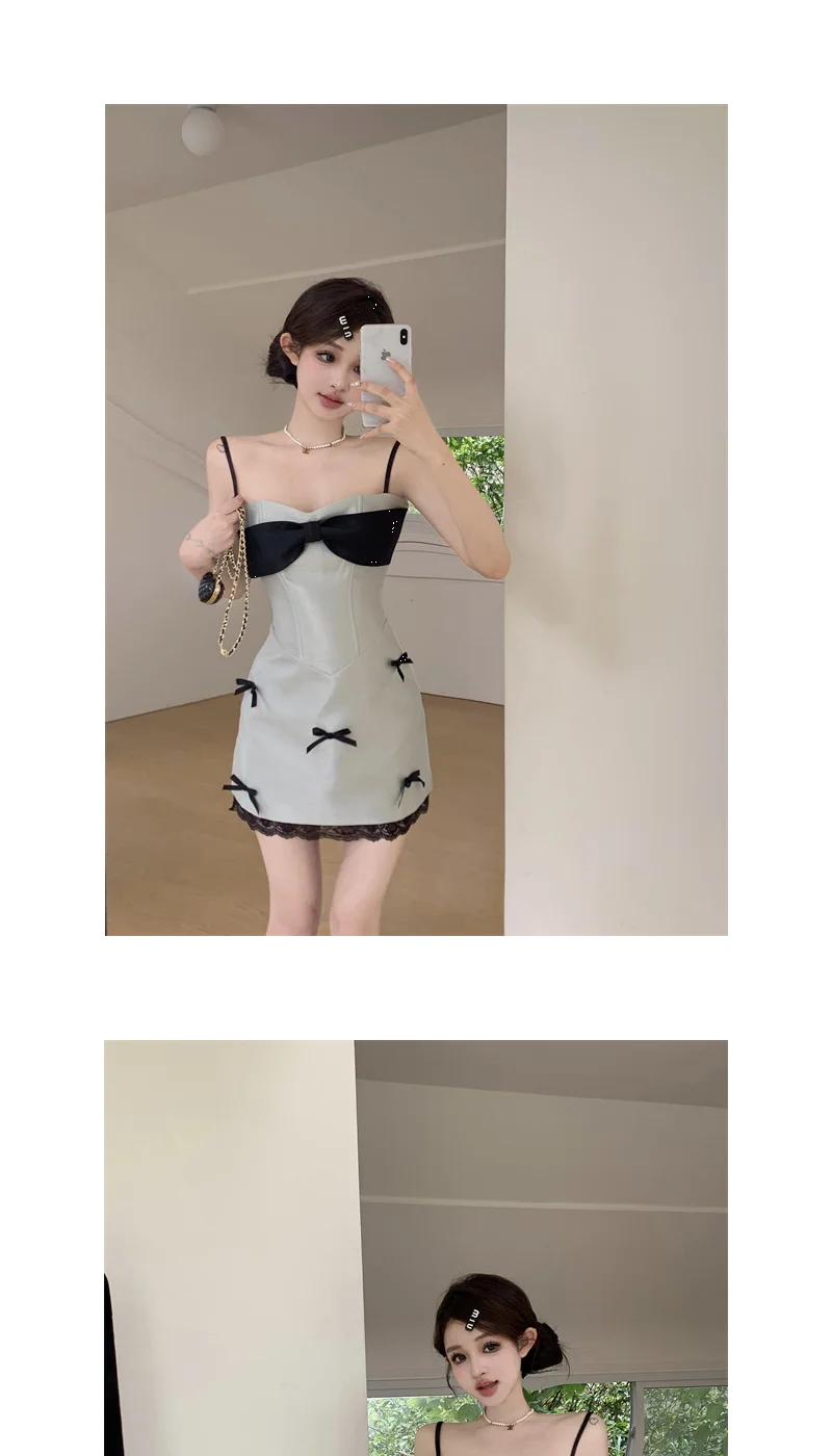 LIZAKOSHT  -  Women's New V-neck Bow Fashionable Solid Color Slim and High-end Birthday Suspender Dress
