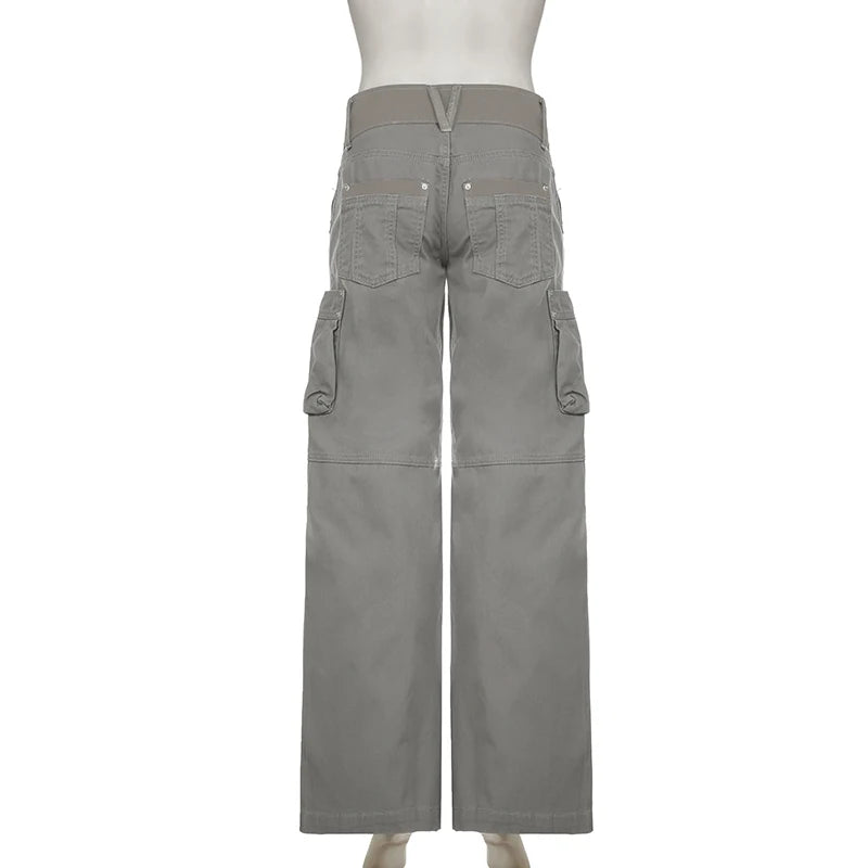 LIZAKOSHT  -  Chic Gray Cargo jeans Y2k Streetwear Casual Loose Denim Pants For Women Aesthetic 90s Low Waist Straight-leg Trousers