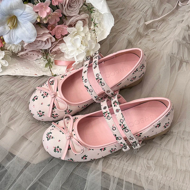 LIZAKOSHT  -  Lolita Style Sweet Low Heel Women Mary Jane Shoes Designer Buckle Strap Pumps Ladies Eelgant Floral Print Dress Leather Shoes