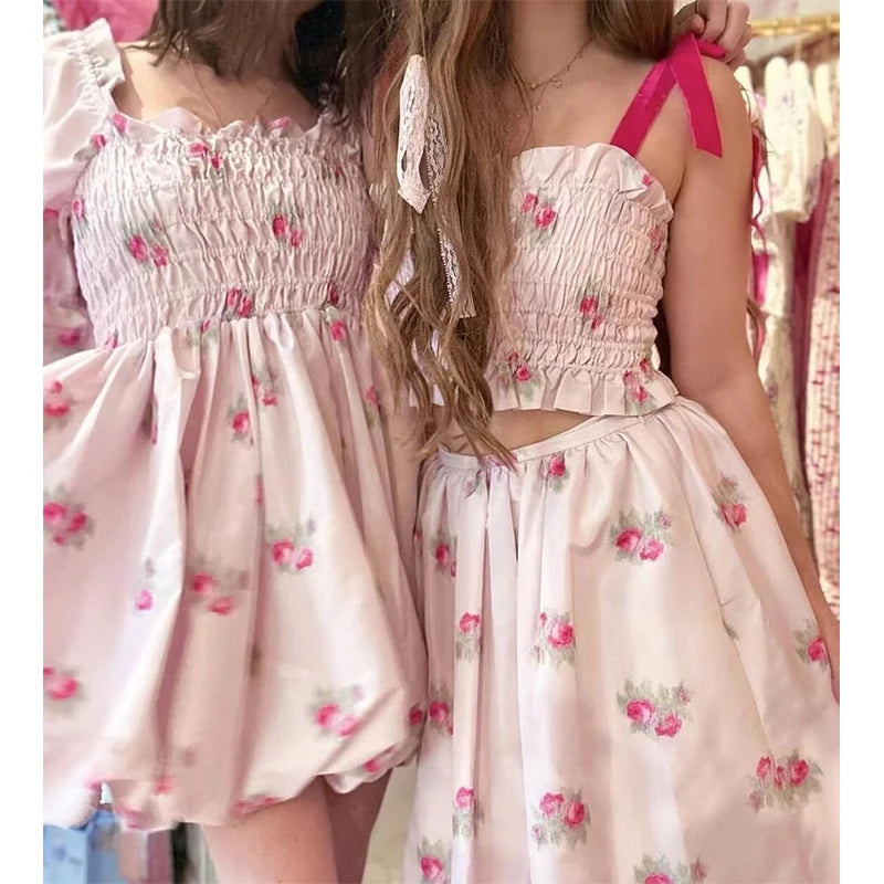 LIZAKOSHT  -  Sweet Women Pink Floral Print Long Sleeve Holiday Party Princess Mini Dress Summer 2024 Robe
