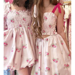 LIZAKOSHT  -  Sweet Women Pink Floral Print Long Sleeve Holiday Party Princess Mini Dress Summer 2024 Robe