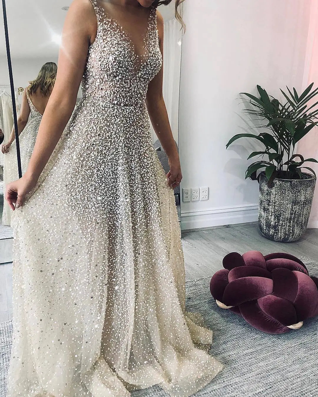 LIZAKOSHT  -  Evening Gown Floor Length Dr Sparkling Long Skirt V Ne mid Waist Polyester Fiber Spring Season Princ Sle