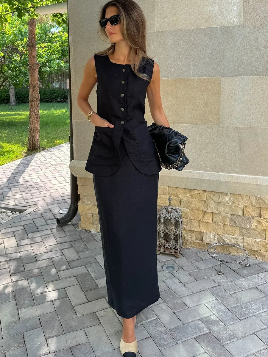 LIZAKOSHT  -  Women's Sleeveless Vest High Waisted Skirt 2-Piece Set Spring Summer New Linen Casual Suit Fashion Office Lady Vest Set