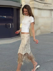 LIZAKOSHT  -  Embroidery Skirt Woman Boho Floral Tassel Midi Skirts Hollow Fishnet Mesh Asymmetric Hem High Waist Summer Wear Woman Clothes