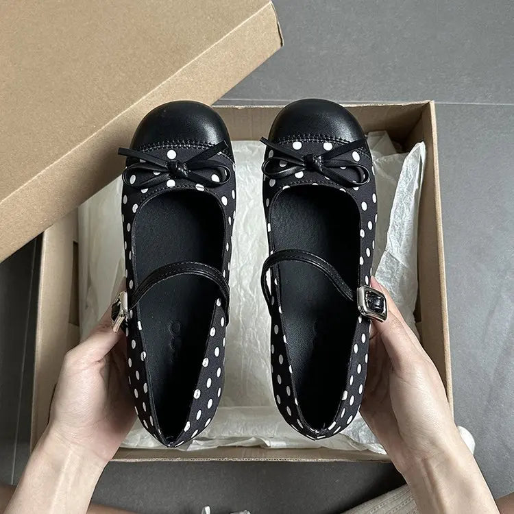 LIZAKOSHT  -  Cute Polka Dot Thick Heel Women Mary Jane Shoes Designer Buckle Strap Pumps Ladies Eelgant Butterfly-knot Dress Single Shoes