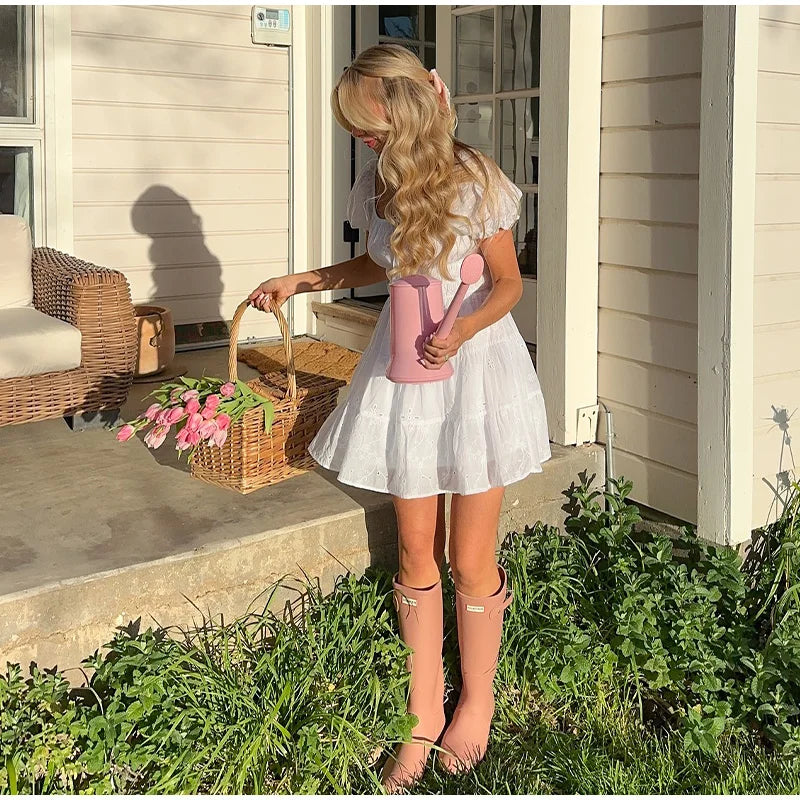 LIZAKOSHT  -  Casual Mini Dress Women Loose Square Neck Short Sleeves Lace Up Robe Female 2025 Spring Summer Fashion High Waist Dresses Lady