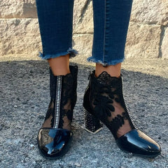 LIZAKOSHT  -  Ethnic Style Women Retro Lace High Heels Ankle Boots Autumn Embroider Pointed Toe Platform Short Boot Thick Heeled Pumps