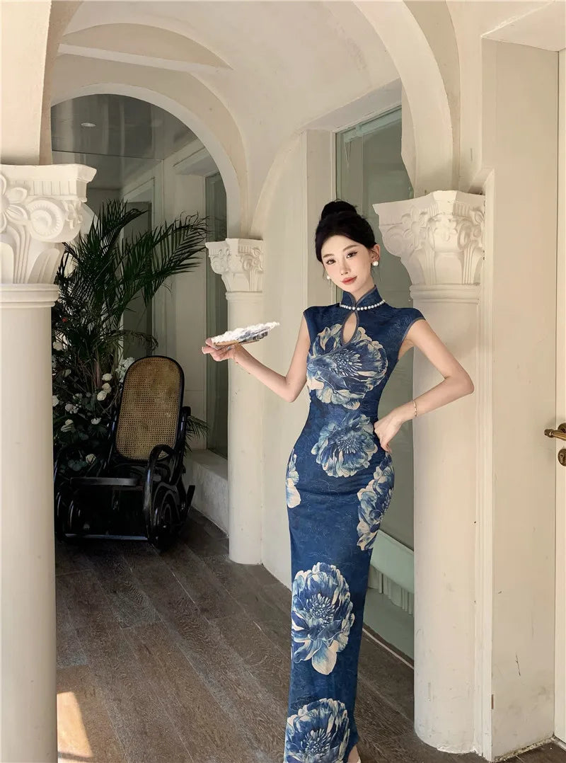 LIZAKOSHT  -  Retro Fashion Pearl Women's Skirt Slim Fit Printed High Quality Slimming  Dress Korean Style Stand Collar Wrap around