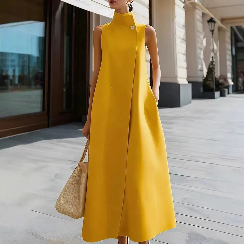 LIZAKOSHT  -  Fashion Stand Collar Pocket Commuter Vest Dress Sexy Sleeveless High Waist Long Dress Lady Elegant One Button Design Party Dress