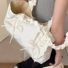 LIZAKOSHT  -  Pink Pleated Womens Tote Bag Nylon Sweet Elegant Gentle Literary Casual Shoulder Bag Aesthetic New Korean Fashion Handbag