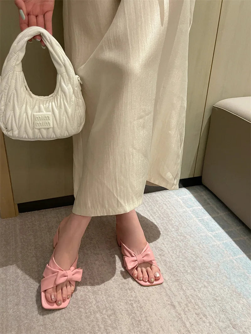 LIZAKOSHT  -  Bow Design Thick Heel Slippers Women Summer Square Head Soft Bottom Brand Sandals Comfortable Beach Casual Flats Zapatos Mujer