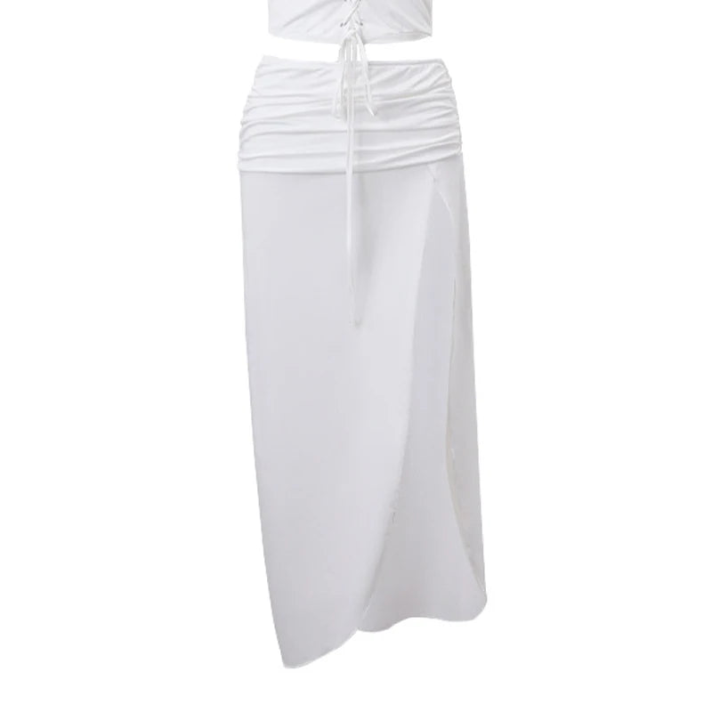 LIZAKOSHT  -  Ruched Long Skirt Women y2k Clothes Solid Color Ruched Waist Side Split Skirt Skirt Summer Party Skirts Streetwear