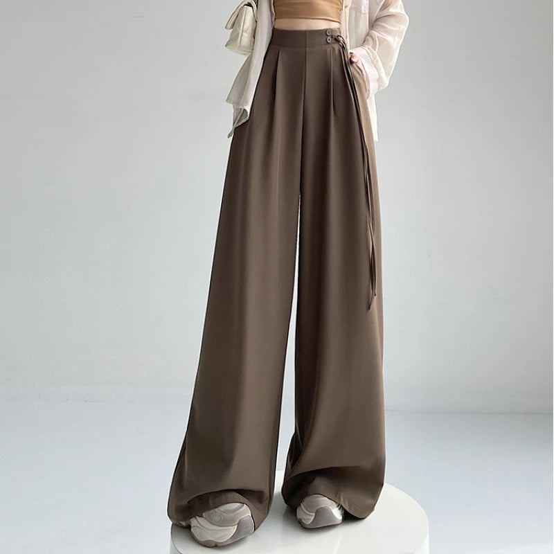 LIZAKOSHT  -  New Spring Summer Buttons High Waist Wide Leg Pants for Women High Waist Lace-up Straight Loose Full Length Trousers Female