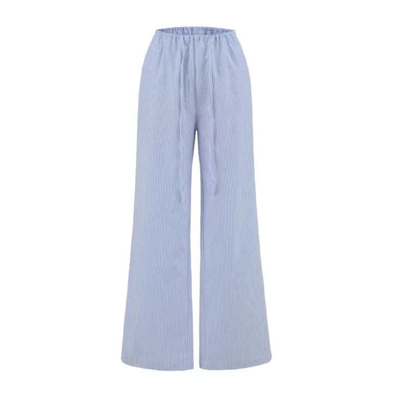 LIZAKOSHT  -  Women Striped Wide Leg Lace Up Full Pants